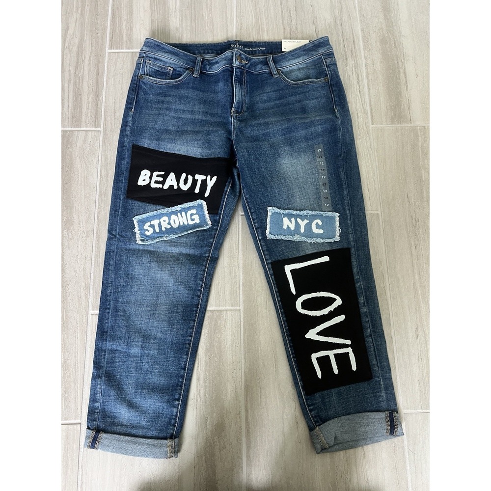 NWT New York And Company Soho Weekender Jeans Denim Patches Size 12 Y2K Grunge
